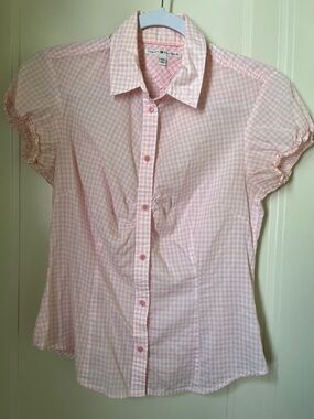 Vintage Tommy Hilfiger Button Down Shirt Pink Gingham Puff Sleeves Gathers Sz S